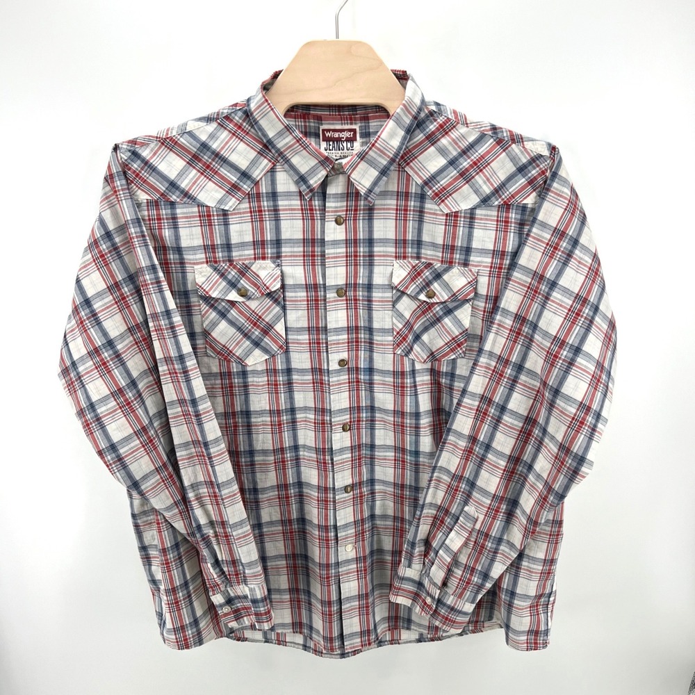 Wrangler Pearl Snap Shirt Mens 3XL Red Navy Blue Plaid Western Cowboy Casual